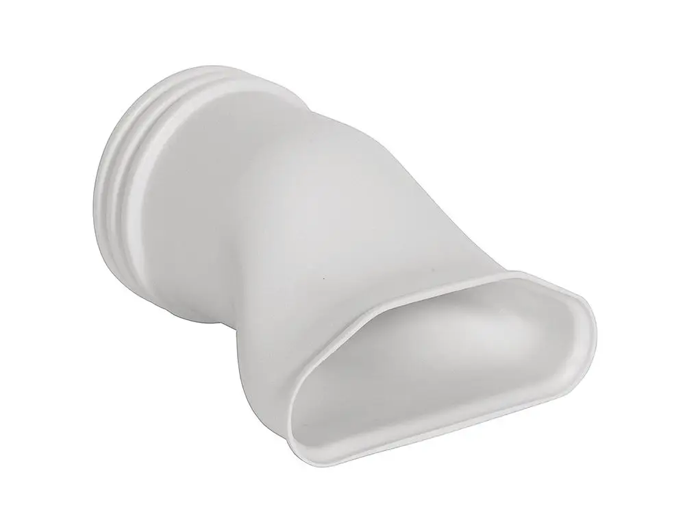 Weißer Adapter von Fränkische mit abgerundetem Eingang, geeignet für Luftleitungen. Klar konturiertes Design ohne sichtbare Verbindungsstücke.